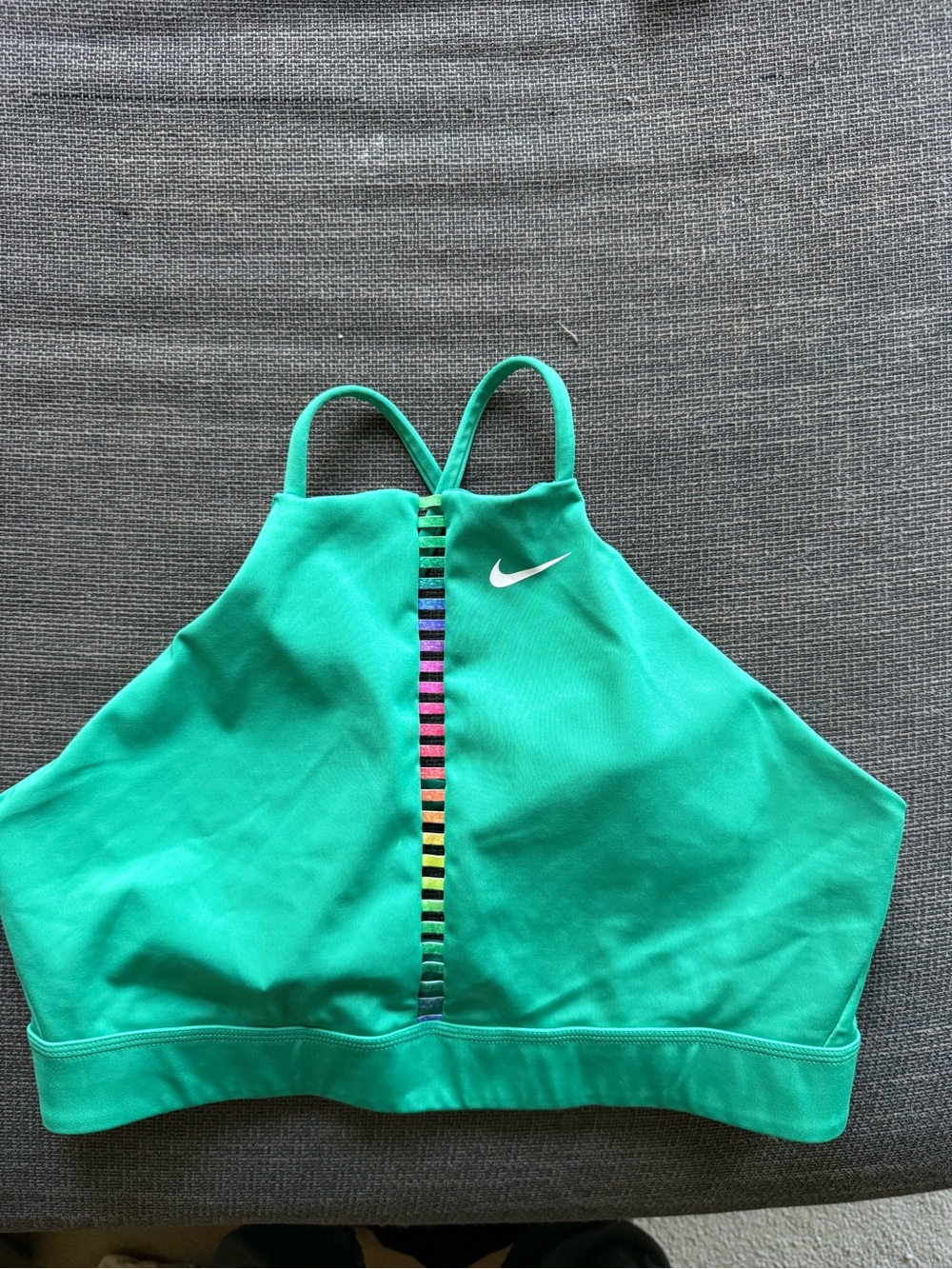 Nike Teal Green High-Neck Sports Bra with Rainbow Detail